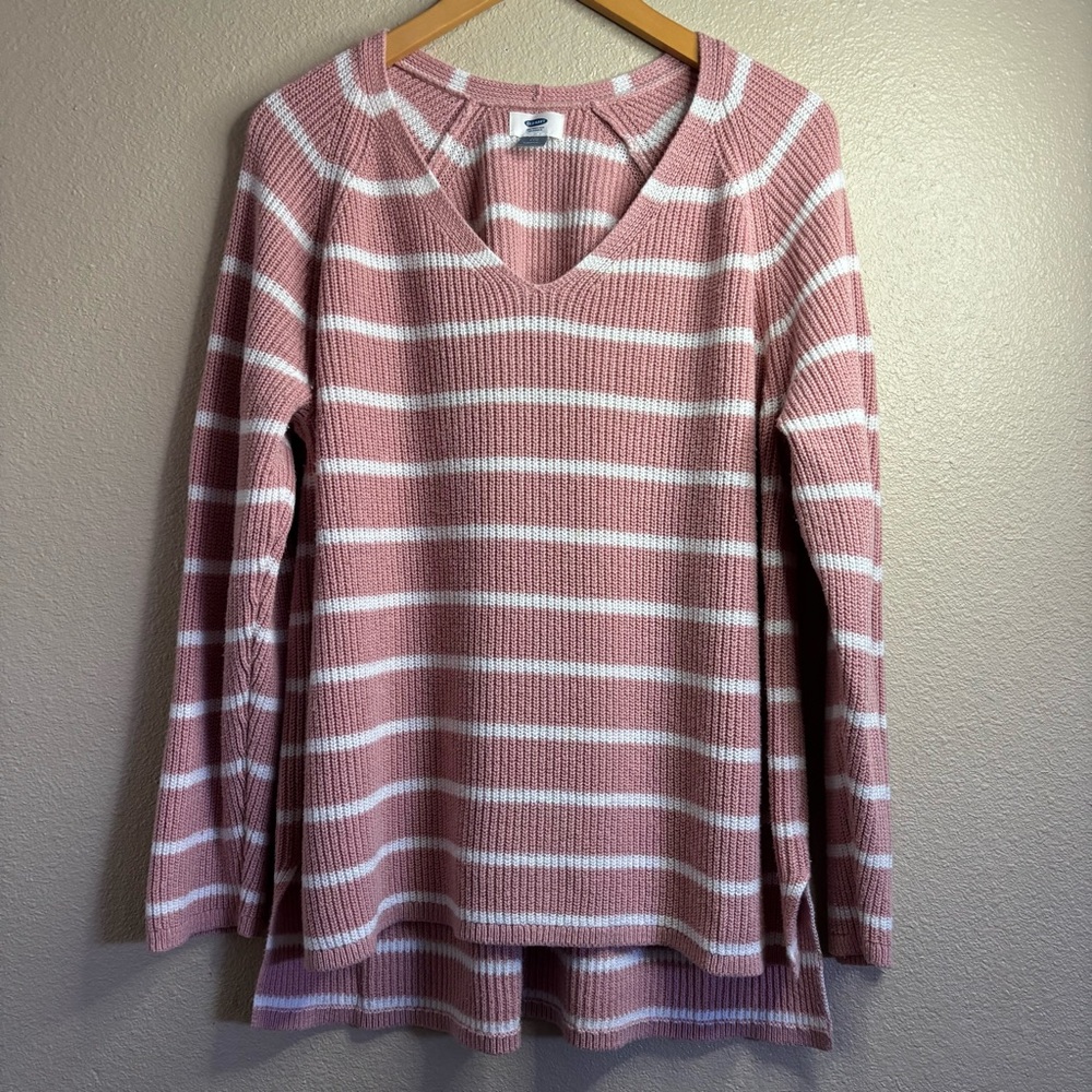 Old Navy Pink & White Striped V-Neck Sweater Size XXL